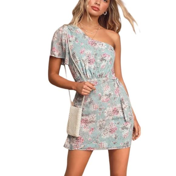 Lulus Way to Wow Dusty Blue Floral Print One Shoulder Faux-Wrap Dress Sz L - Picture 1 of 16